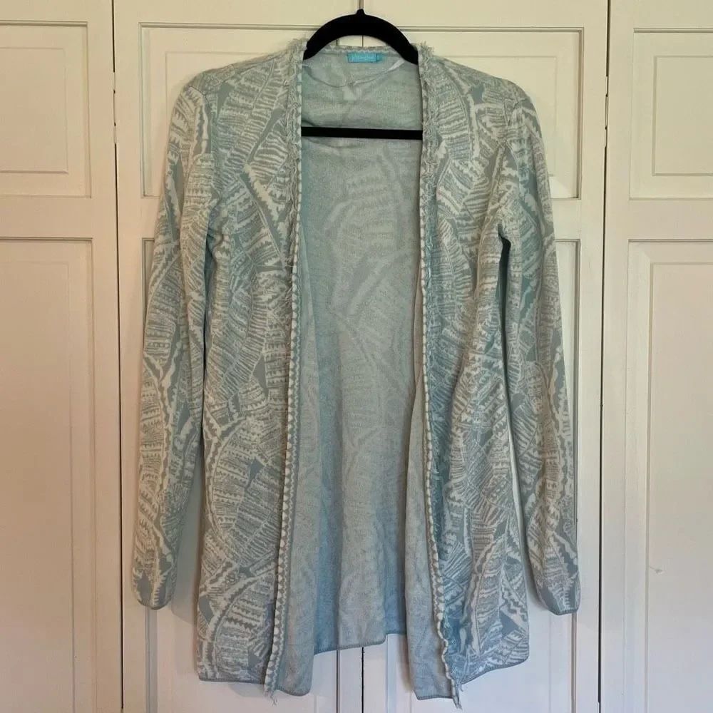 J.McLaughlin blue printed fringe trim cardigan size xs - Picture 3 of 9